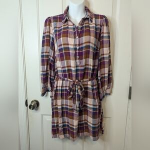 LOFT Checker Plaid Long Sleeve Dress Tartan Shirt Dress - Size MP